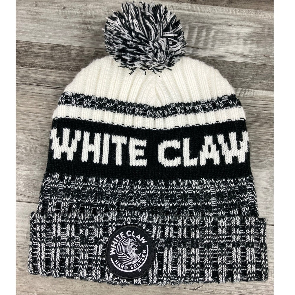White Claw Hard Seltzer Beanie Hat Black White Pom Pom Cuffed Knit Cap